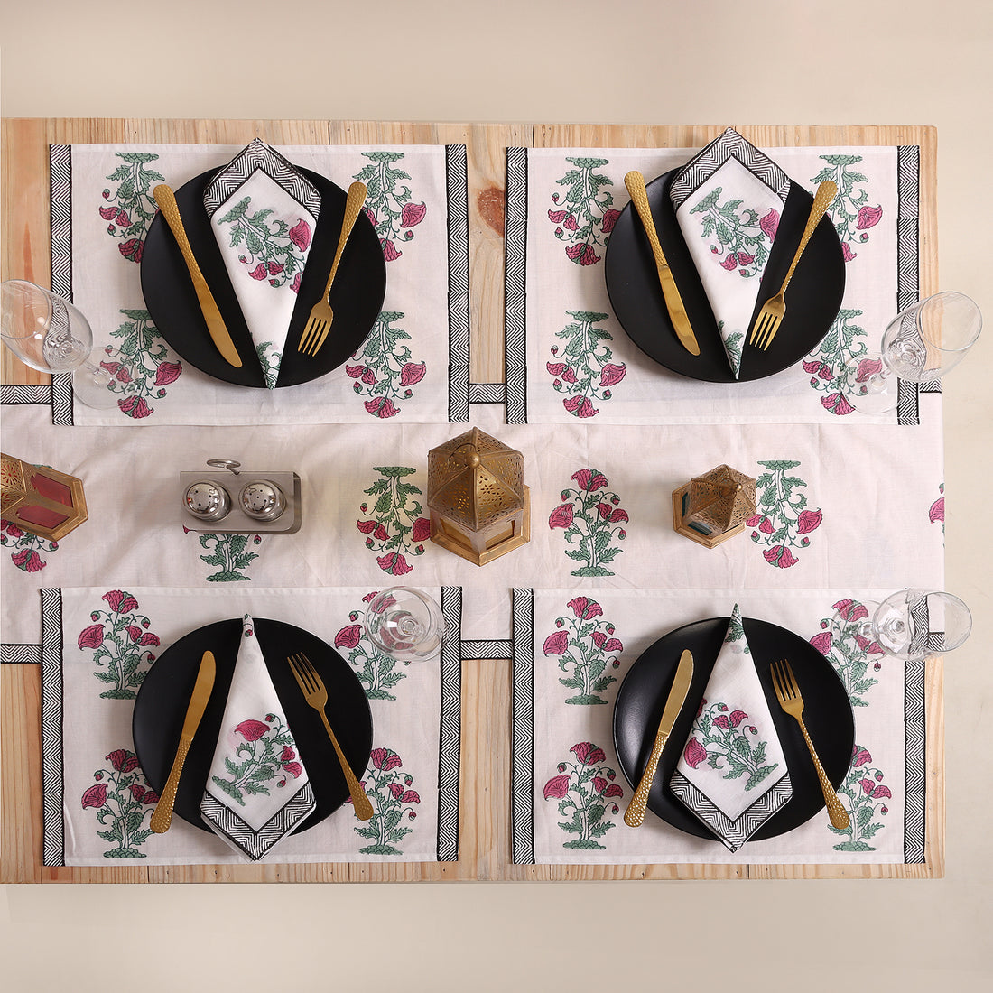 Red Floral Hand Block Printed Cotton Holiday Table Runner