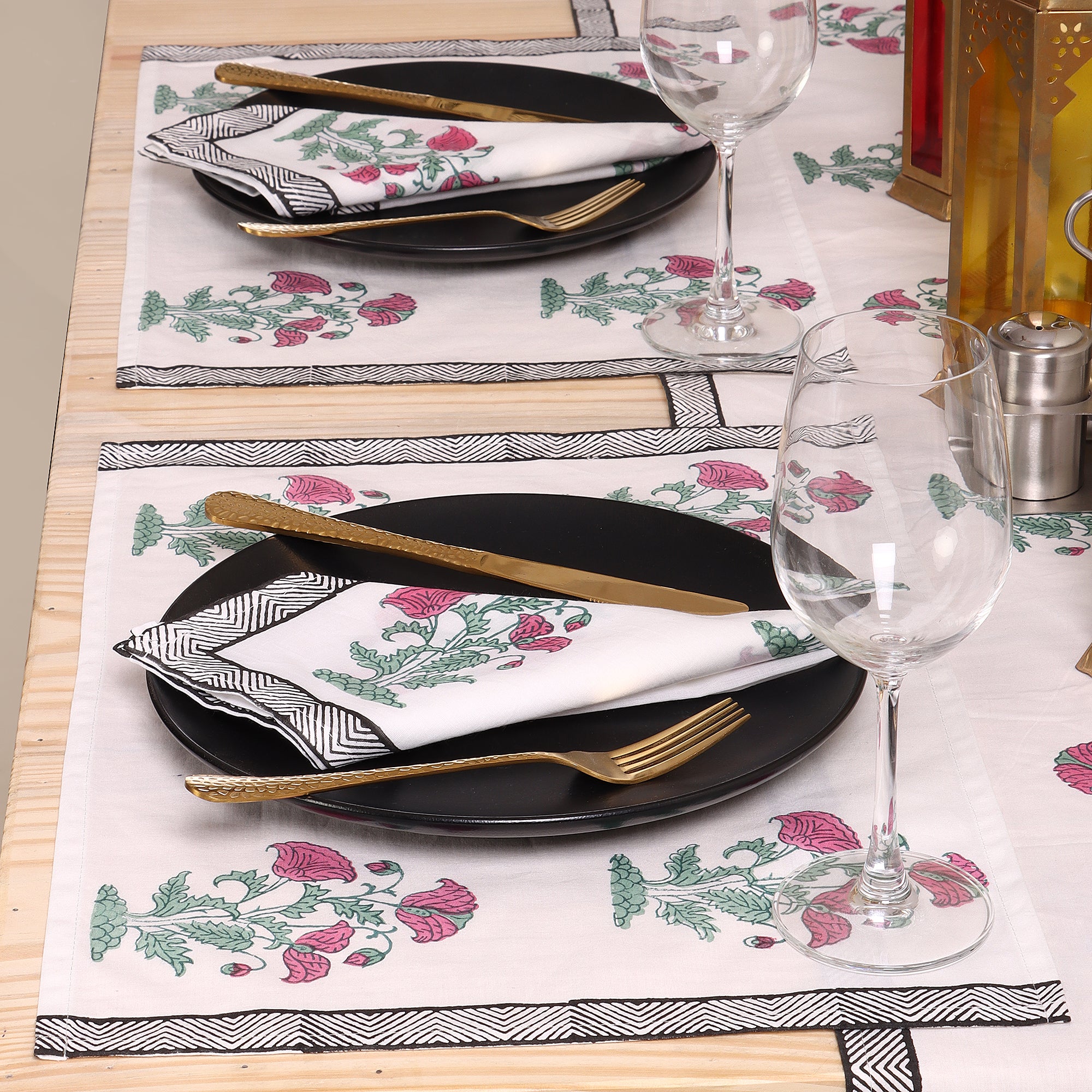 Red Floral Hand Block Printed Cotton Holiday Table Runner