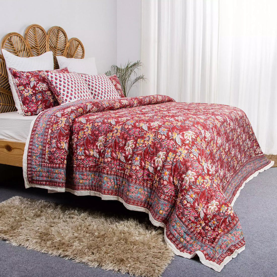 Red Floral Hand Printed Cotton Jaipuri Quilts