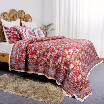 Red Floral Hand Printed Cotton Jaipuri Quilts