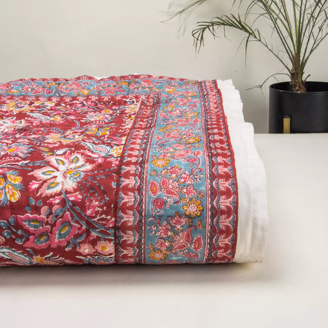 Red Floral Hand Printed Cotton Jaipuri Quilts