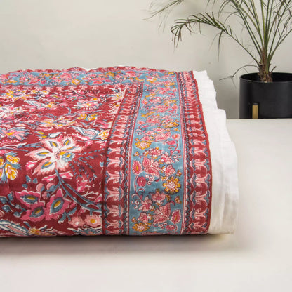 Red Floral Hand Printed Cotton Jaipuri Quilts