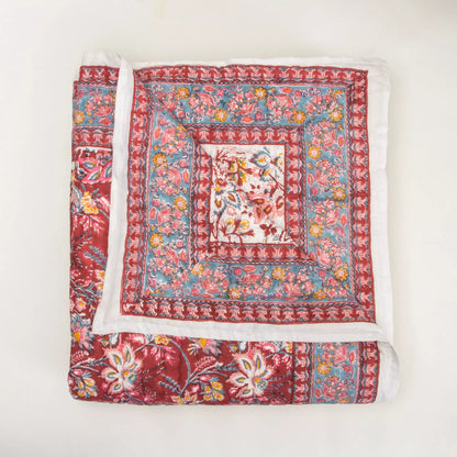 Red Floral Hand Printed Cotton Jaipuri Quilts