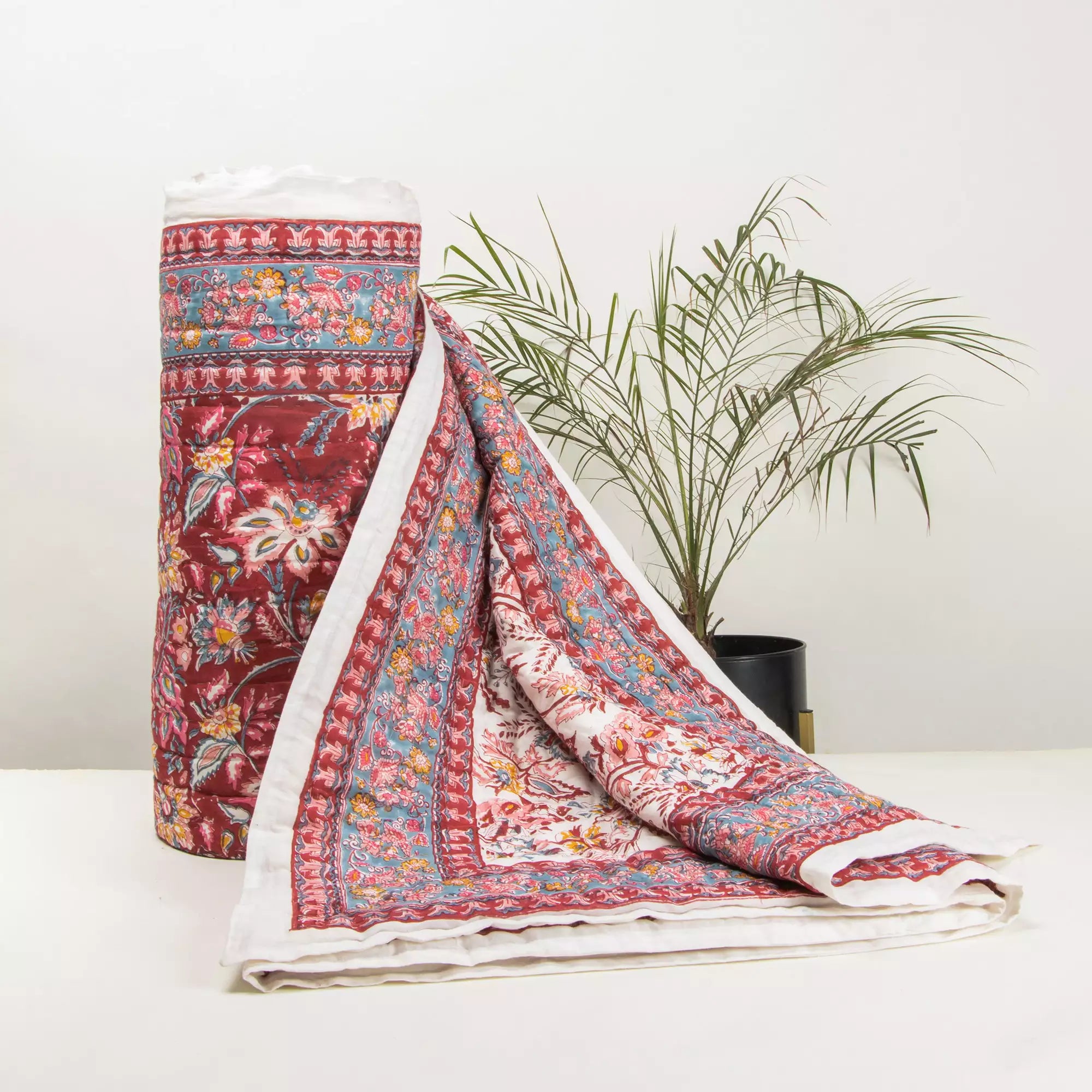 Red Floral Hand Printed Cotton Jaipuri Quilts