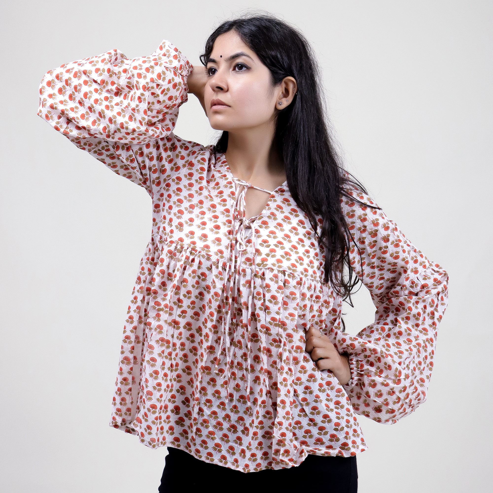 Red Floral Indian V Neck Soft Women&
