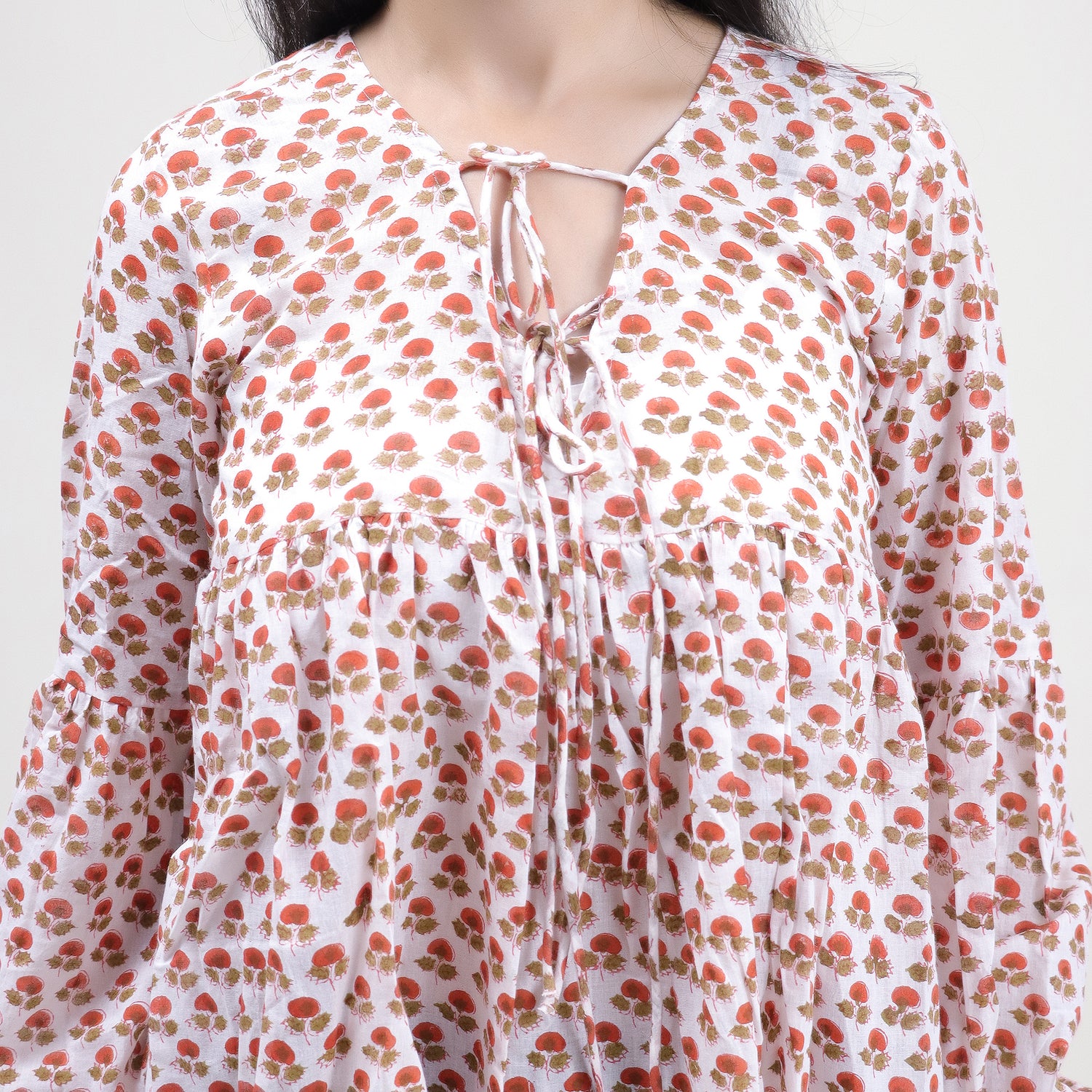 Red Floral Indian V Neck Soft Women&