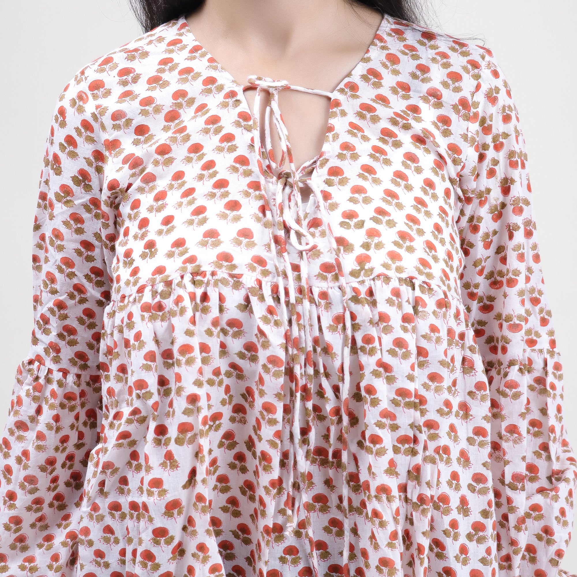 Red Floral Indian V Neck Soft Women&