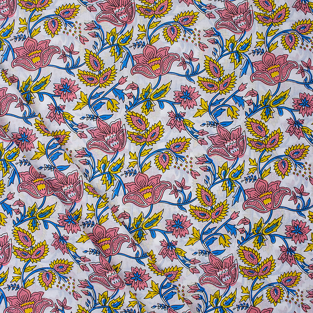 Red Floral Pure Cotton Hand Block Printed Fabric by Yard