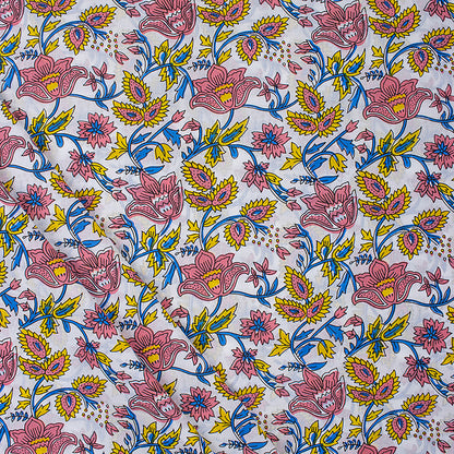  Red Floral Pure Cotton Hand Block Printed Fabric by Yard