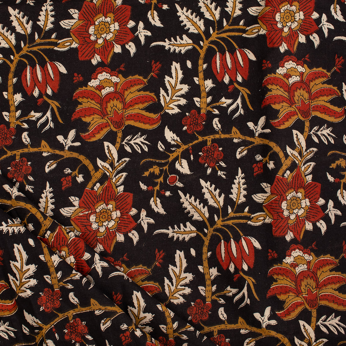  Red Floral Pure Cotton Hand Printed Bagru Fabric
