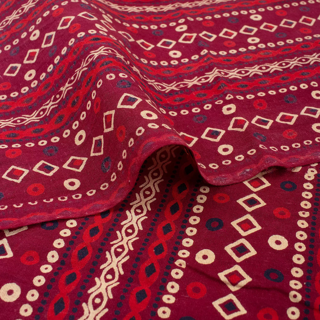 Red Ikaat Ajrakh Block Print Fabric