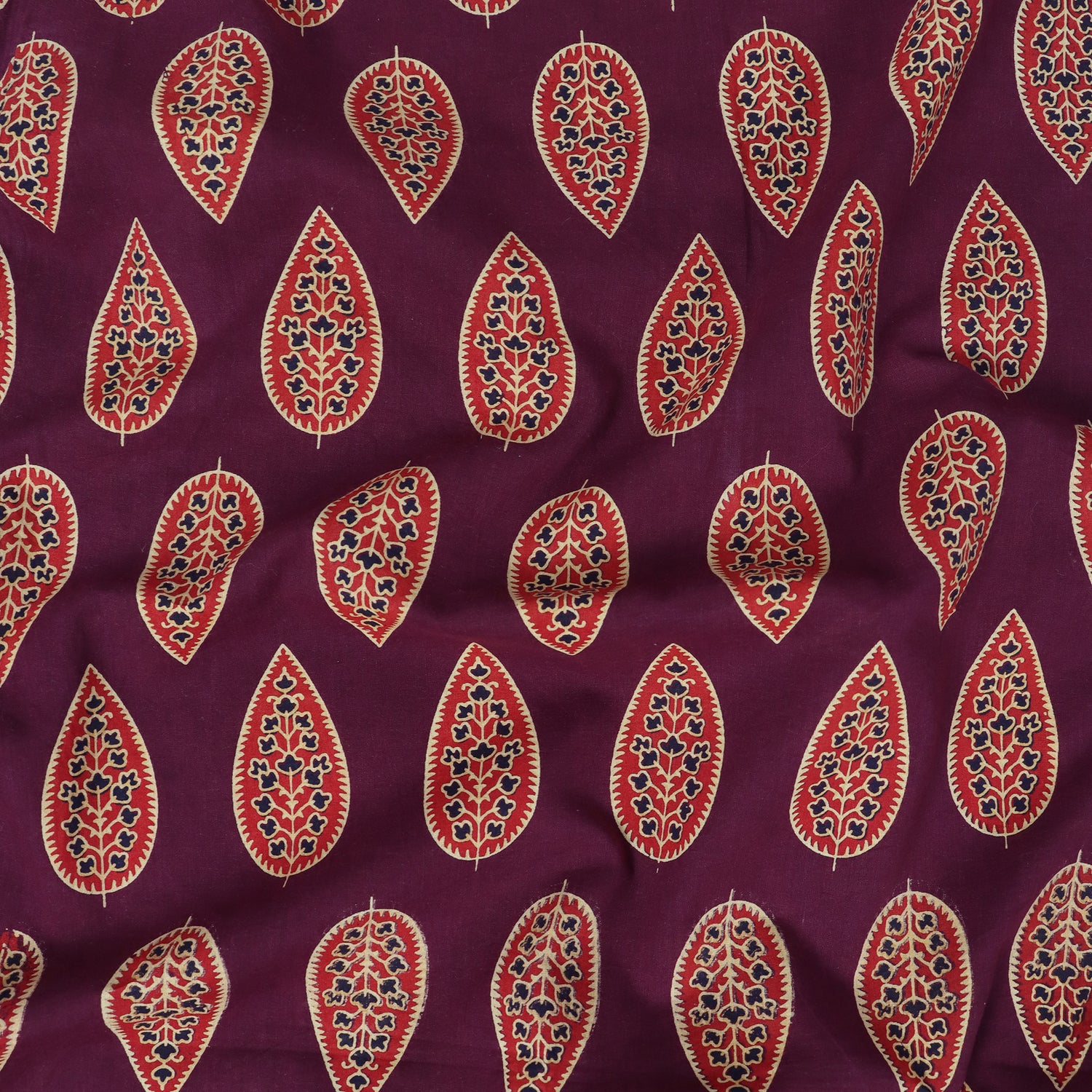 Red Leaf Hand Block Printed Cotton Fabric