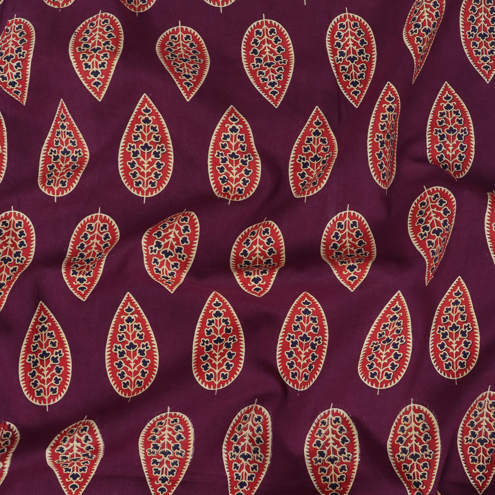 Red Leaf Hand Block Printed Cotton Fabric