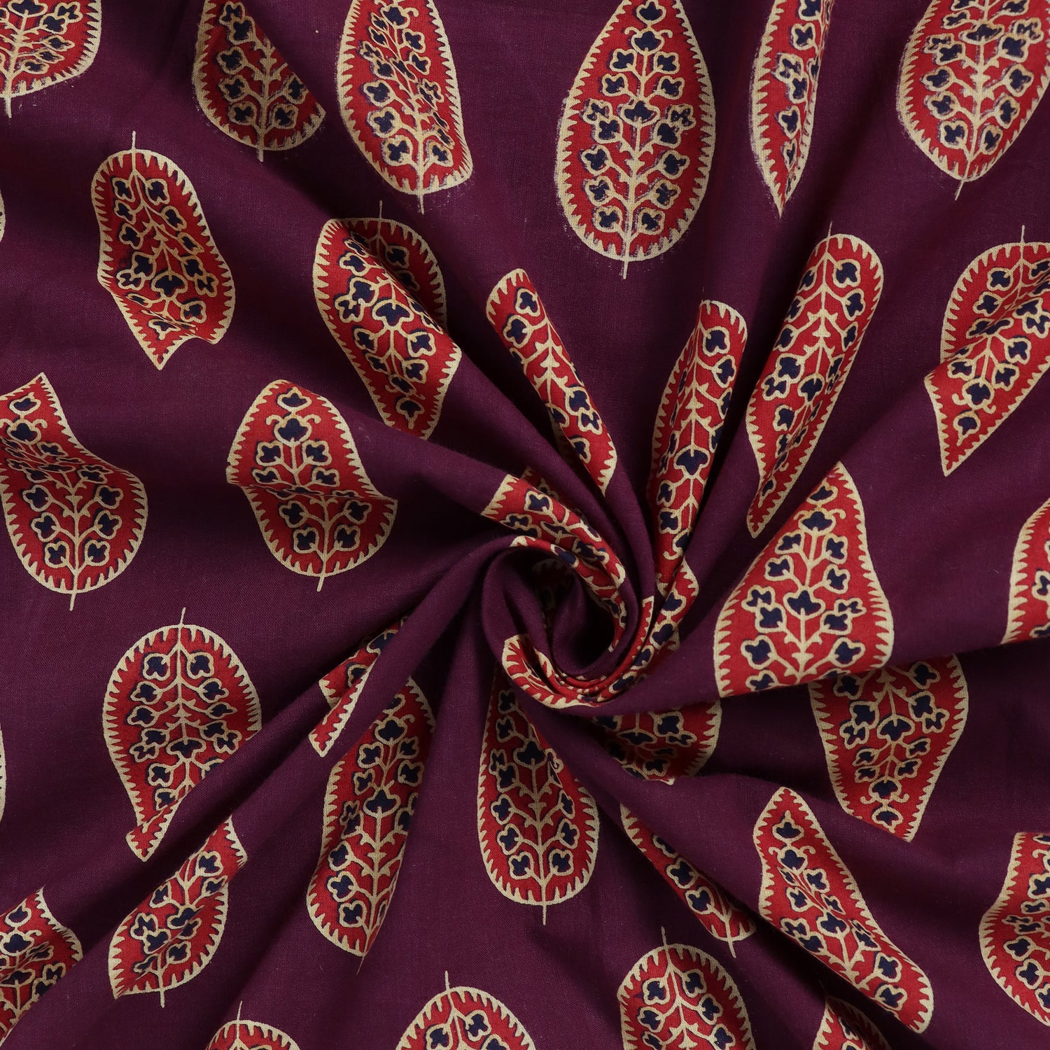 Red Leaf Hand Block Printed Cotton Fabric