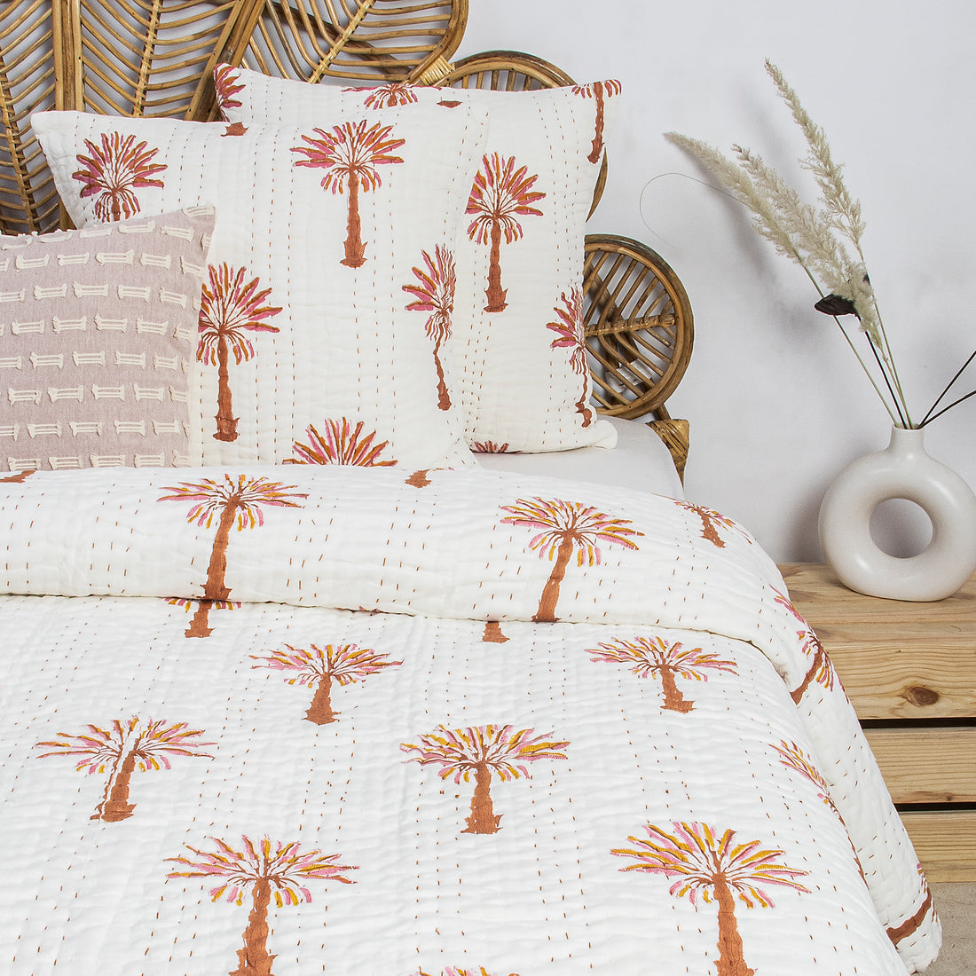 Red Palm Tree Hand Block Print Cotton Kantha Quilt Blanket