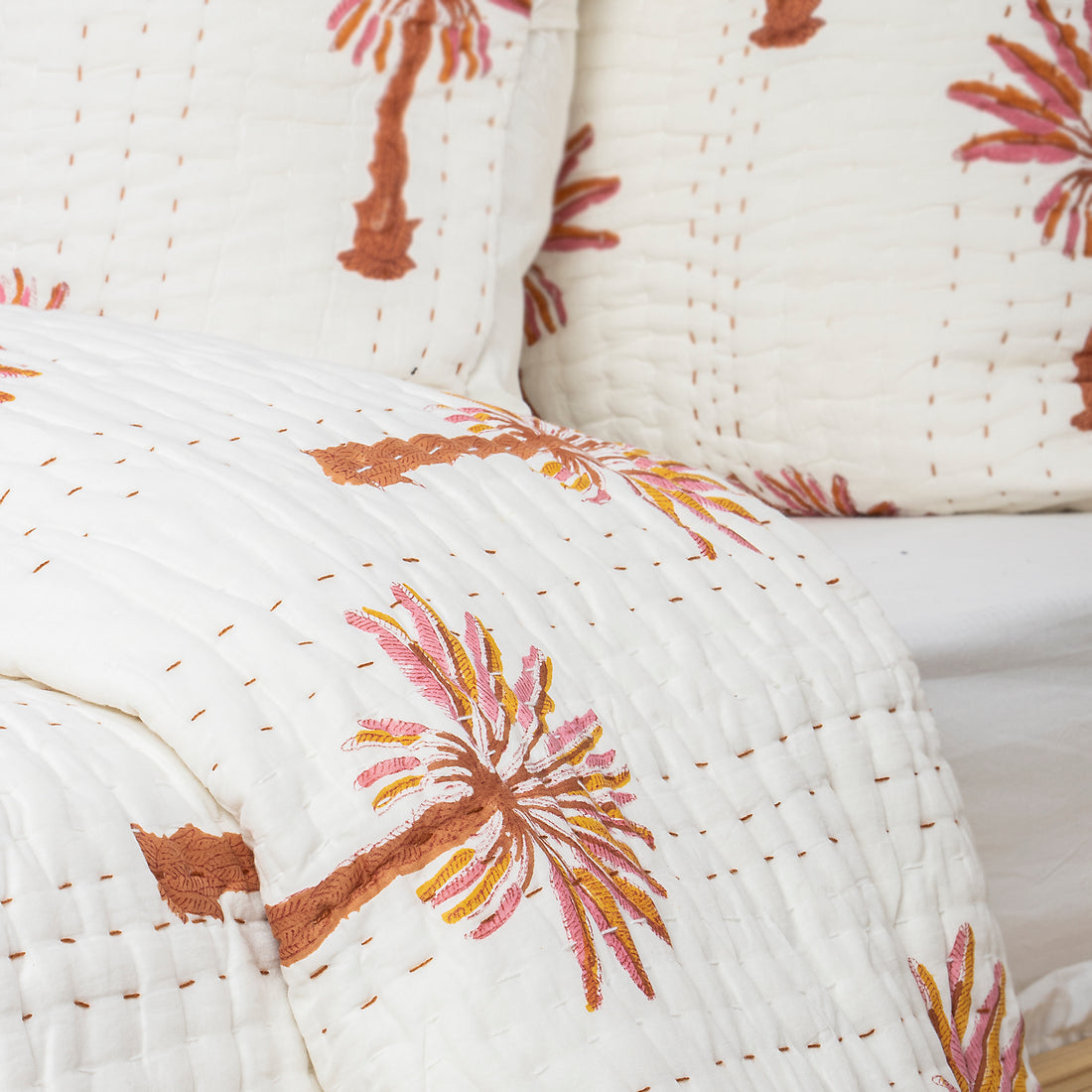 Red Palm Tree Hand Block Print Cotton Kantha Quilt Blanket