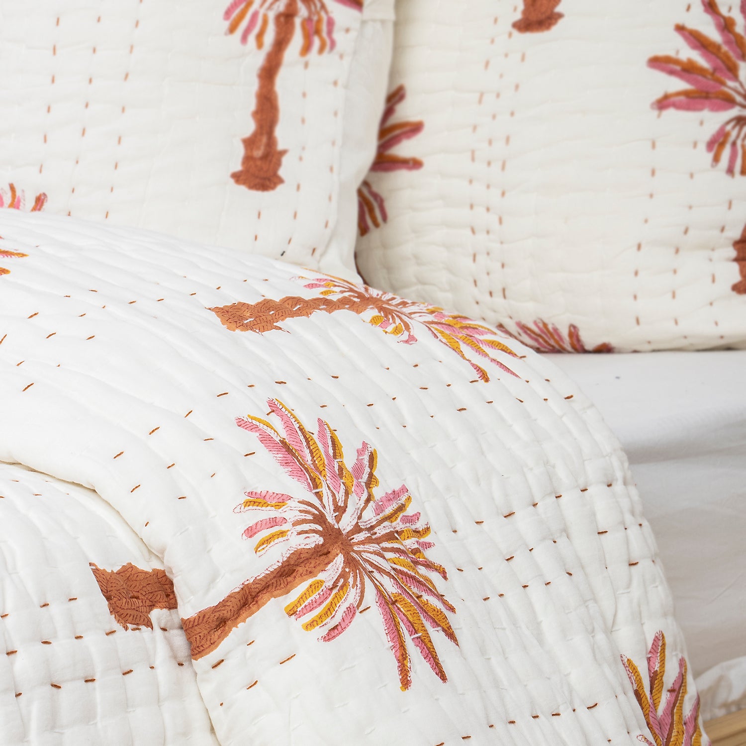 Red Palm Tree Hand Block Print Cotton Kantha Quilt Blanket
