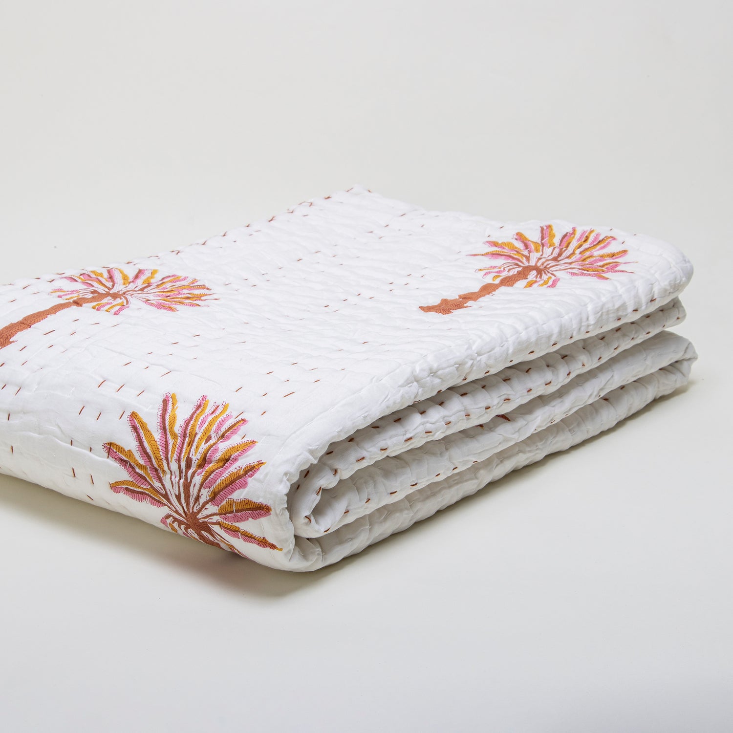 Red Palm Tree Hand Block Print Cotton Kantha Quilt Blanket