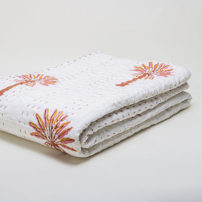 Red Palm Tree Hand Block Print Cotton Kantha Quilt Blanket