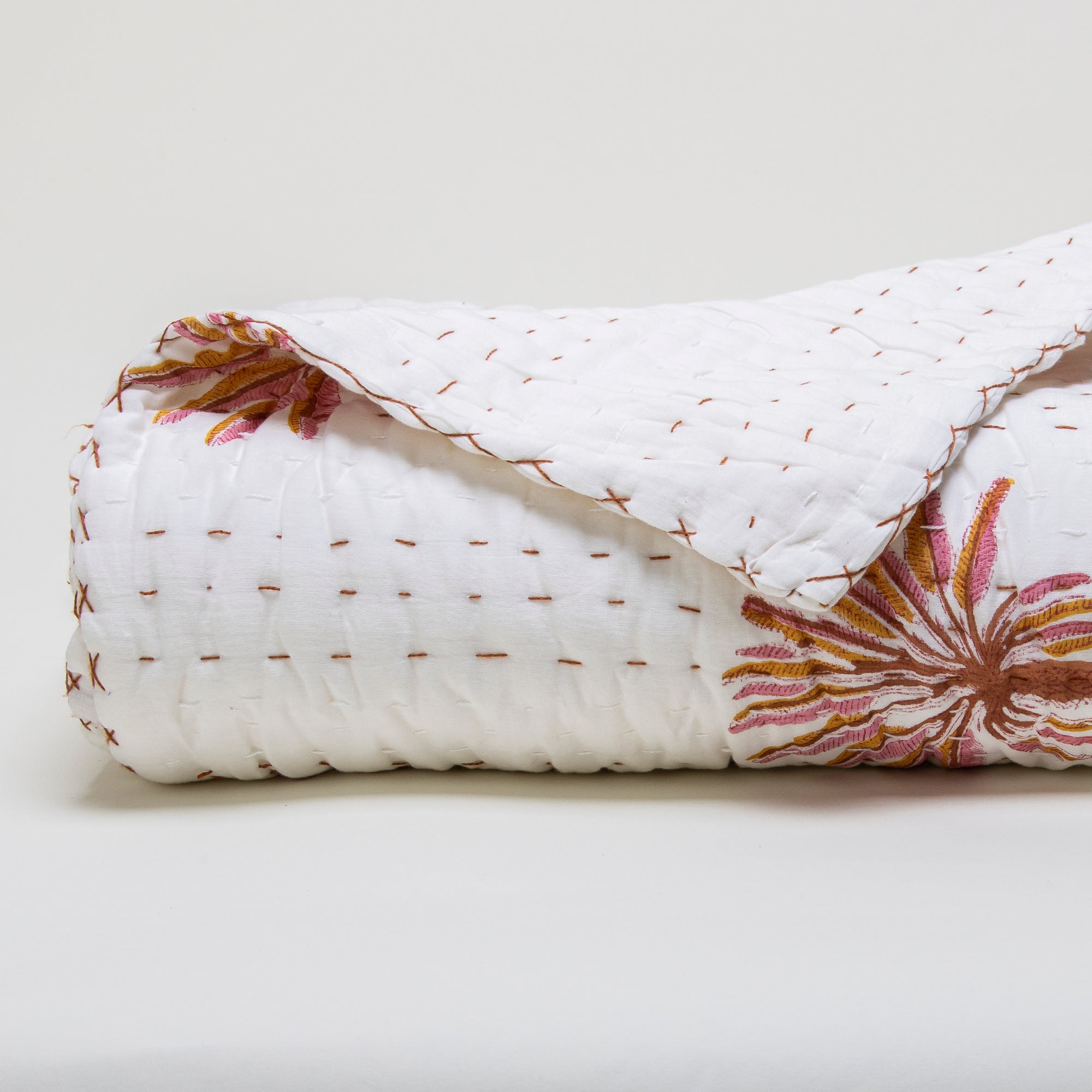Red Palm Tree Hand Block Print Cotton Kantha Quilt Blanket