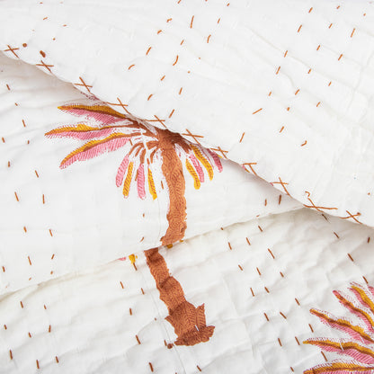 Red Palm Tree Hand Block Print Cotton Kantha Quilt Blanket
