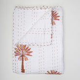 Red Palm Tree Hand Block Print Cotton Kantha Quilt Blanket