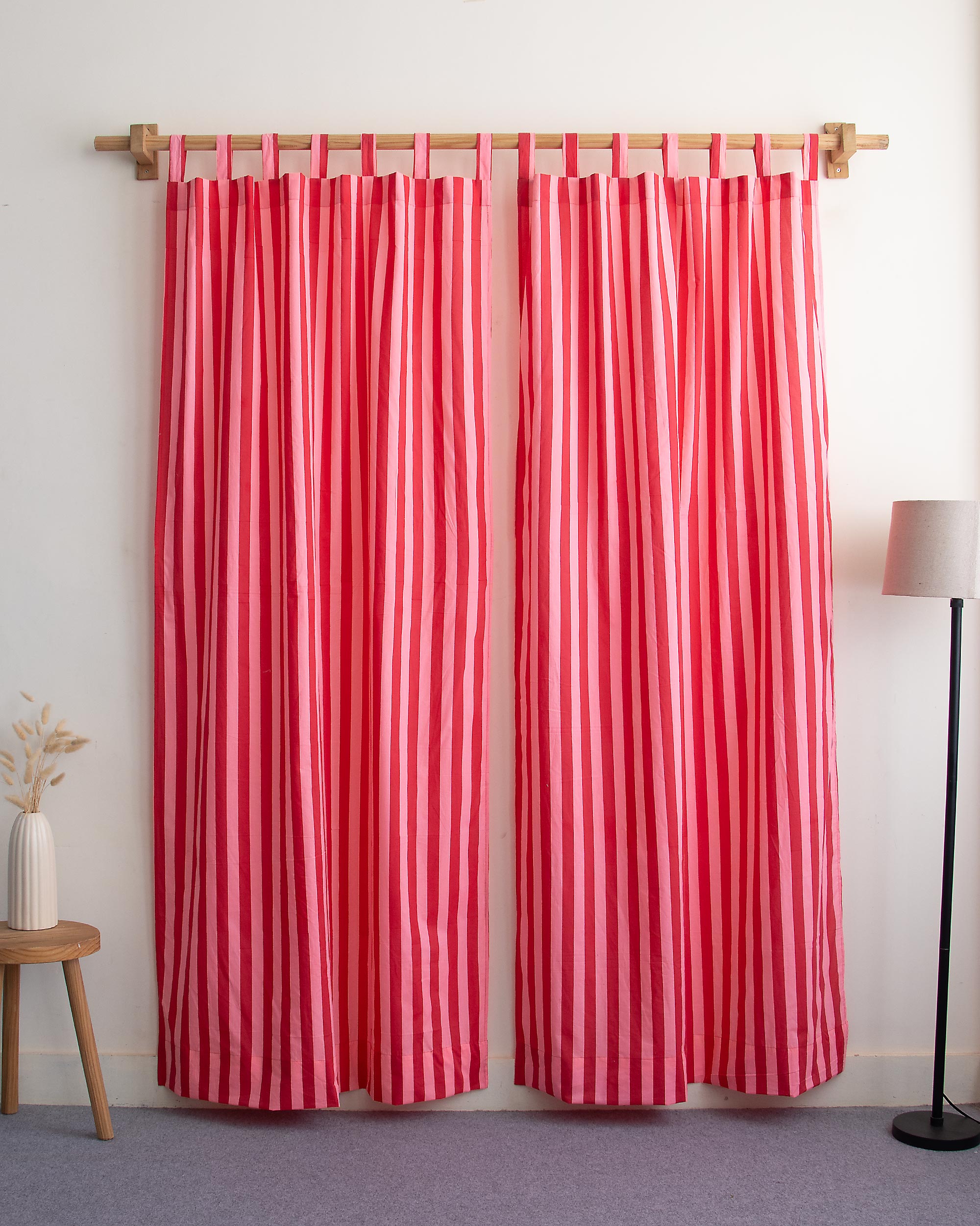 Red Striped Block Printed Cotton Curtains Online