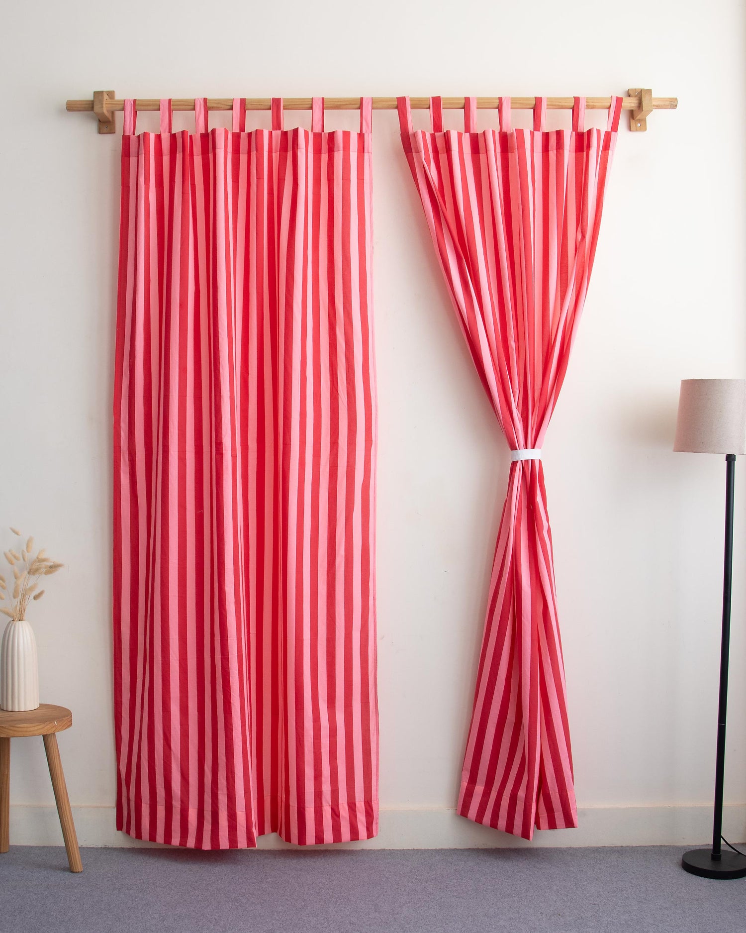 Red Striped Block Printed Cotton Curtains Online