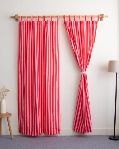 Red Striped Block Printed Cotton Curtains Online