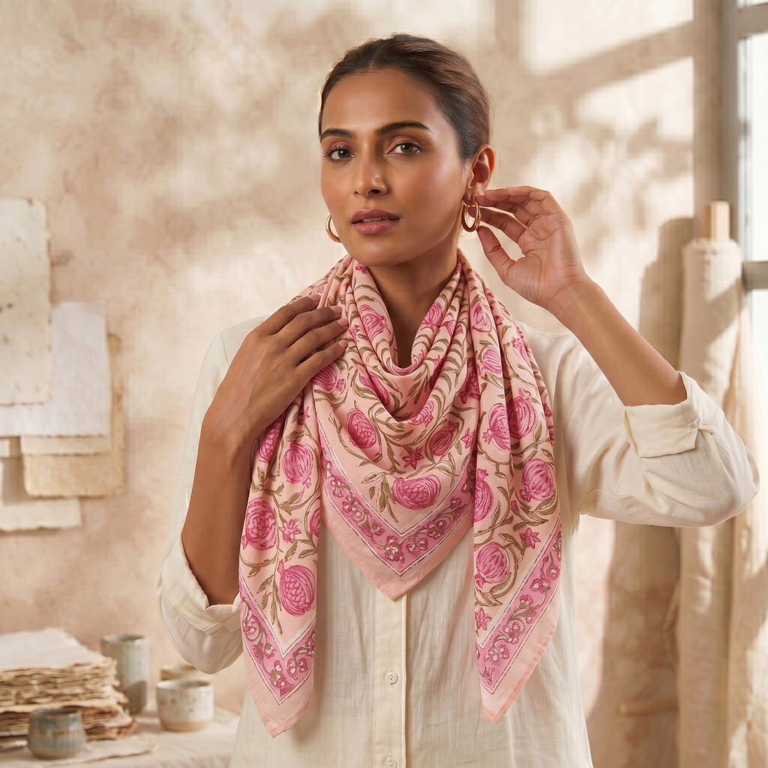 Pink Floral Hand Block Cotton Scarf For Women