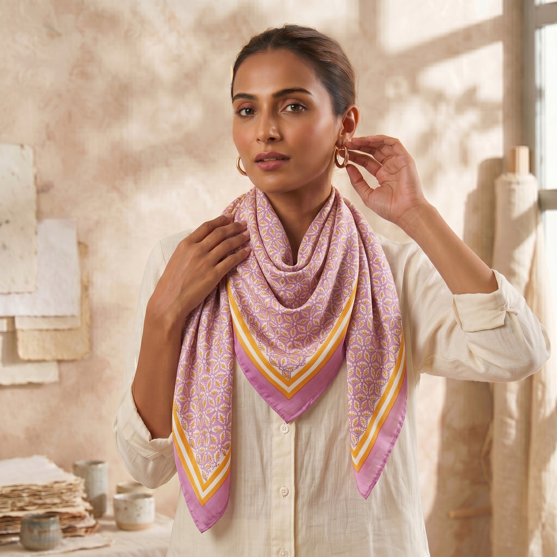 Handmade Cotton Purple Block Printed Scarf For Women