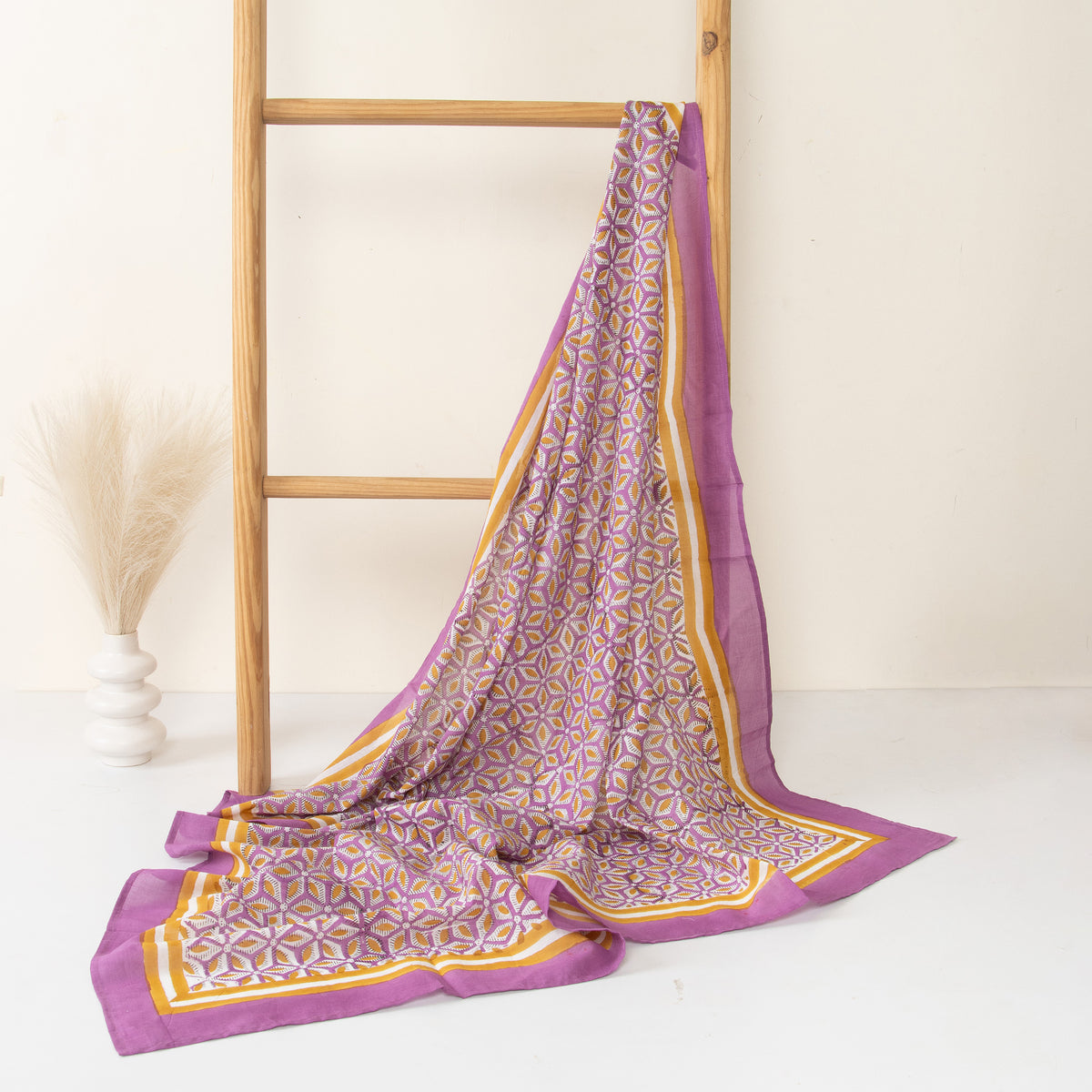 Handmade Cotton Purple Block Printed Scarf For Women