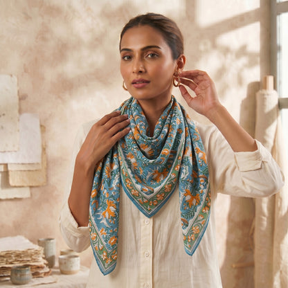 Sky Blue Floral Hand Block Printed Cotton Scarves for Girls