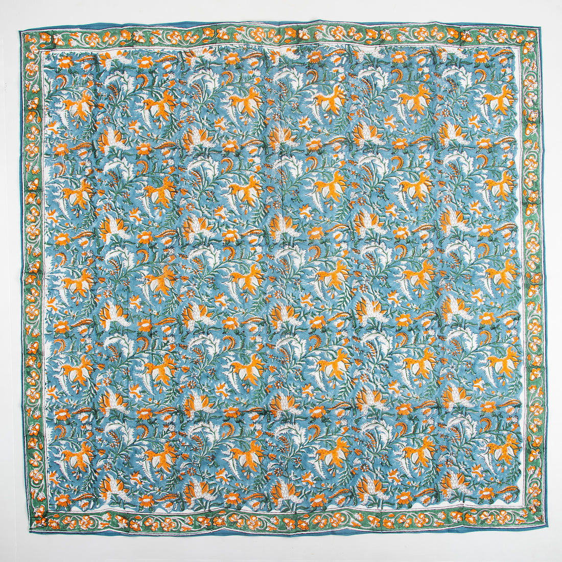 Sky Blue Floral Hand Block Printed Cotton Scarves for Girls