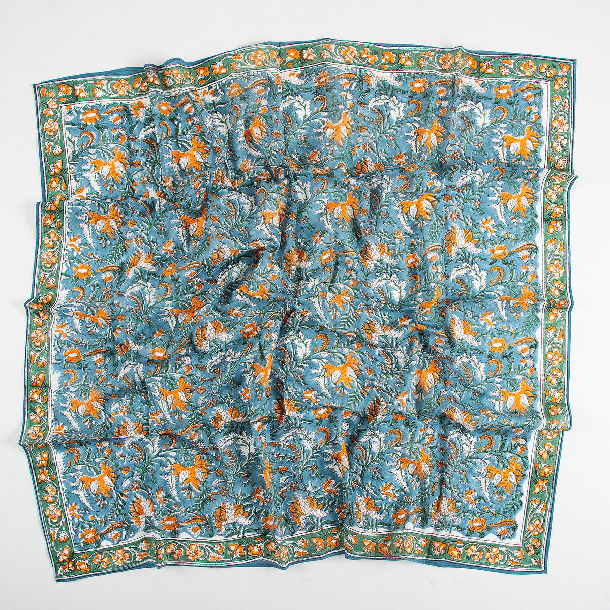 Sky Blue Floral Hand Block Printed Cotton Scarves for Girls