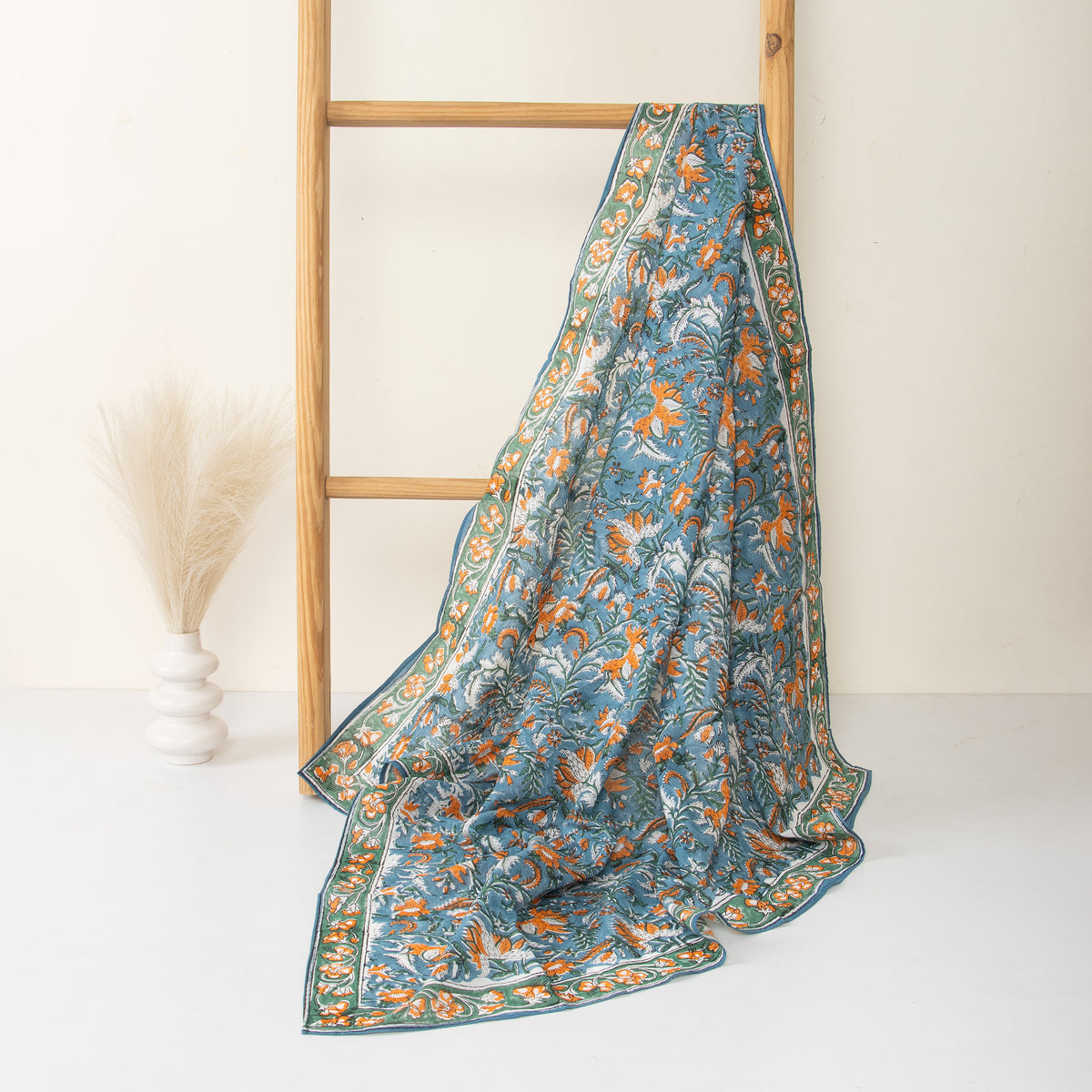 Sky Blue Floral Hand Block Printed Cotton Scarves for Girls