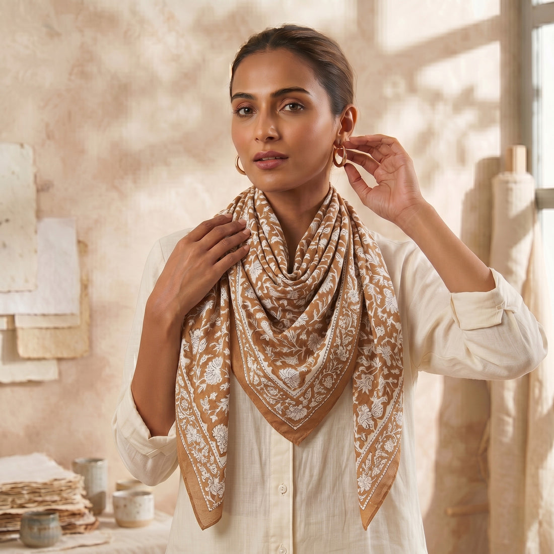 Trendy Brown Floral Soft Breathable Neck Wrap Scarf For Women