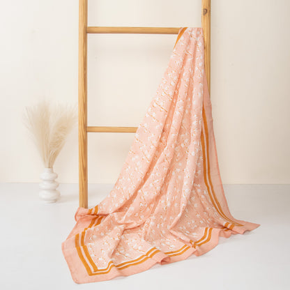 Peach Pink Printed Soft Cotton Scarf with Ivory Border