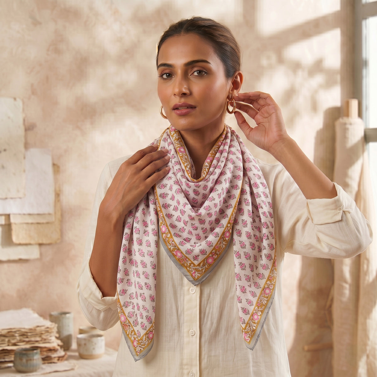 Pink Bloom Hand Block Printed Traditional Cotton Floral Scarf