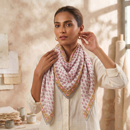 Pink Bloom Hand Block Printed Traditional Cotton Floral Scarf