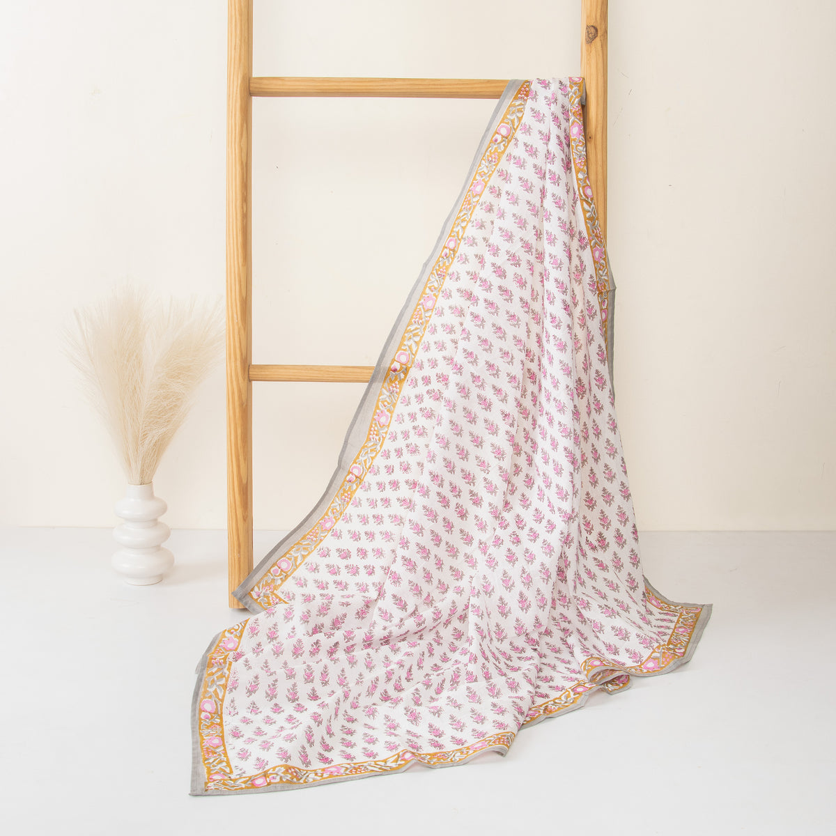 Pink Bloom Hand Block Printed Traditional Cotton Floral Scarf