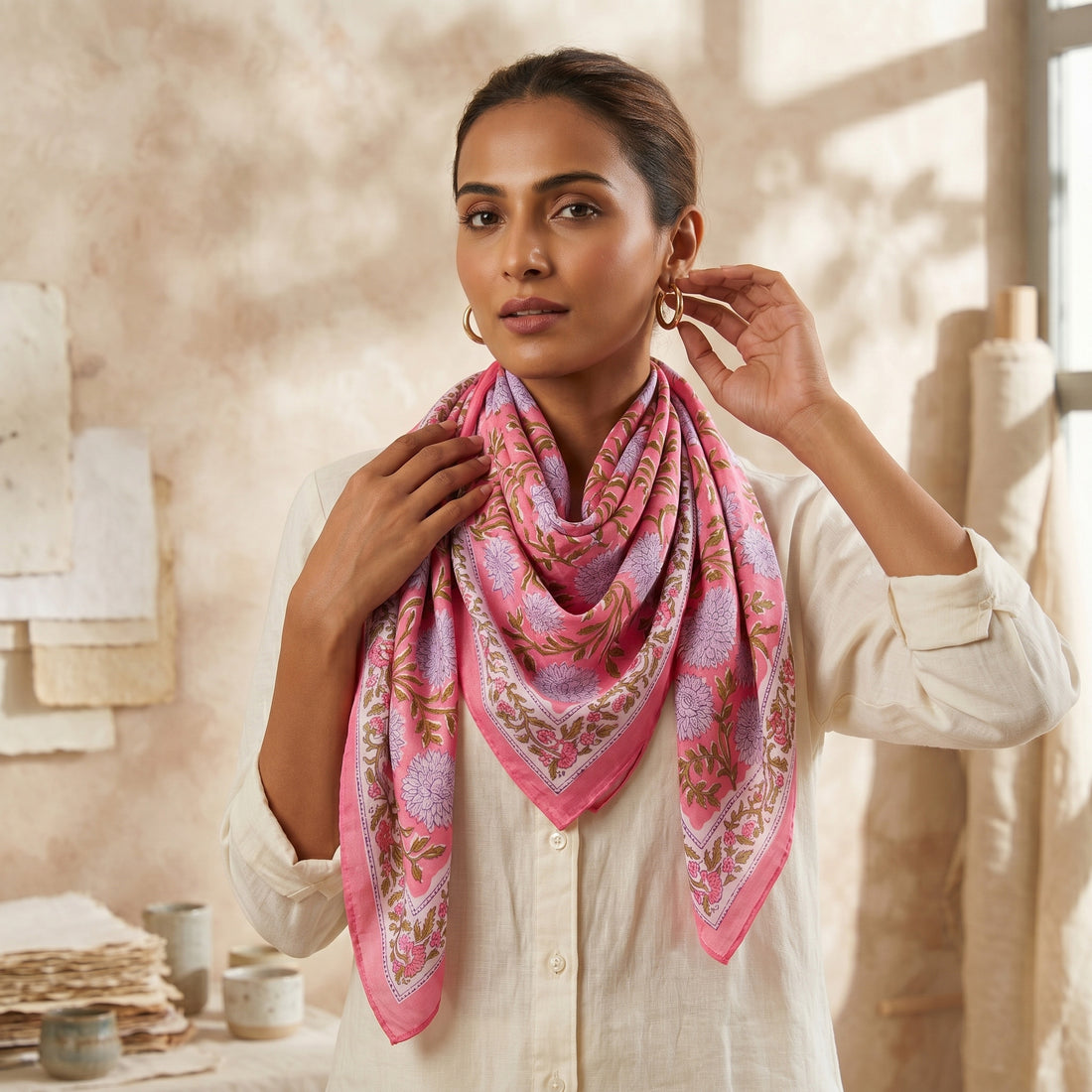 Traditional Indian Floral Printed Cotton Scarf for Women