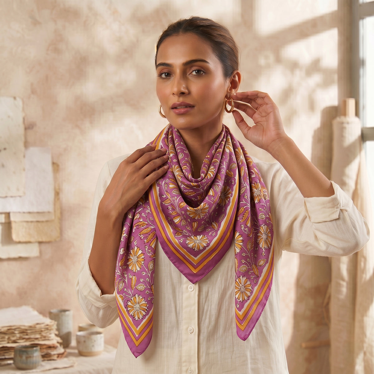 Purple Floral Block Printed Cotton Scarves For women