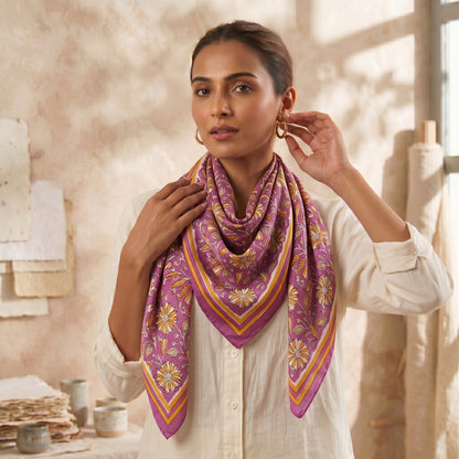 Purple Floral Block Printed Cotton Scarves For women