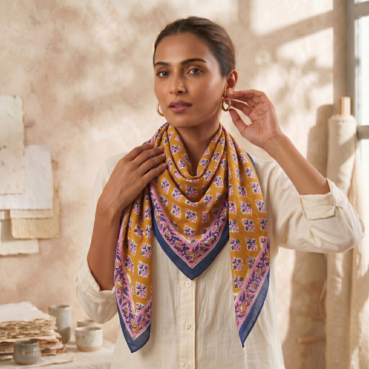 Cotton Hand Block Floral Printed Travel Scarf For Women &amp; Girls