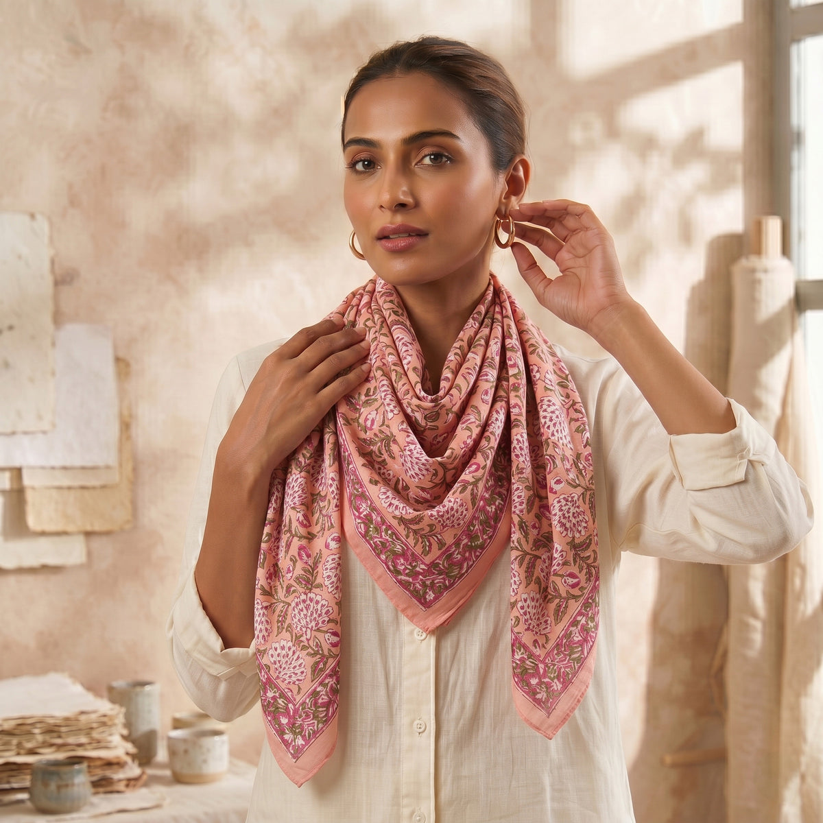 Pink Floral Sanganeri Hand Block Printed 100% Cotton Scarf