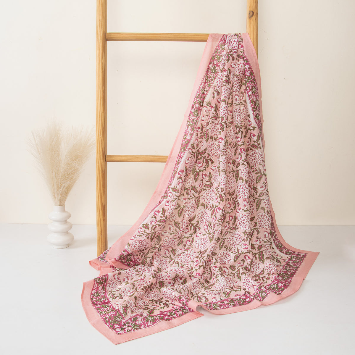 Pink Floral Sanganeri Hand Block Printed 100% Cotton Scarf