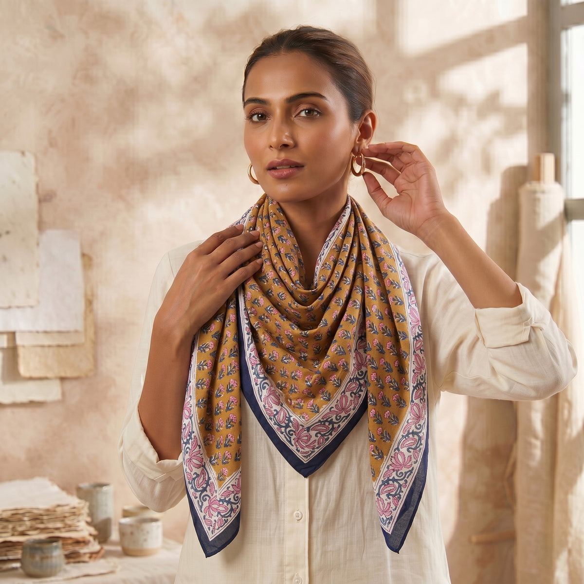 Brown Cotton Hand Printed Scarf For Outdoor