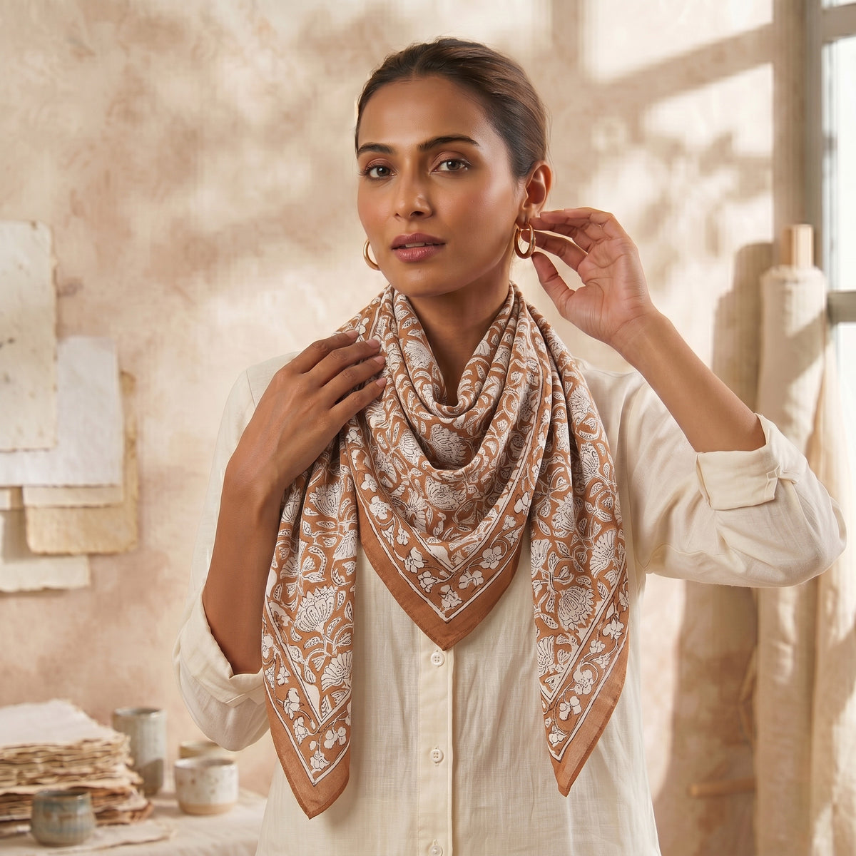 Women’s Vintage Hand Block Floral Print Scarf