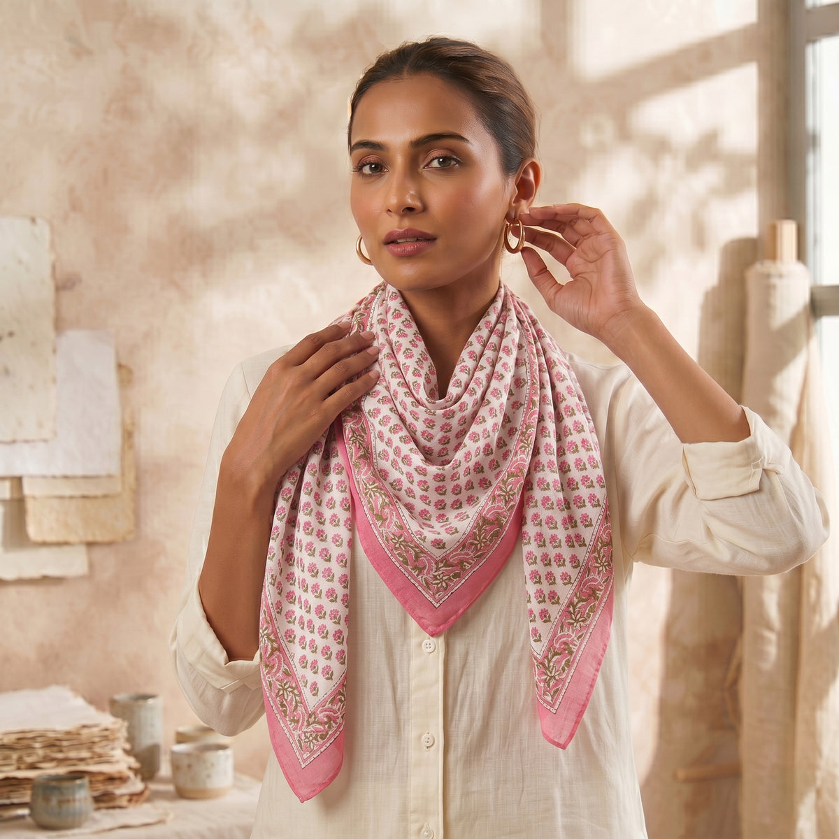 Indian Pink Floral Printed Soft Breathable Cotton Scarf for Women